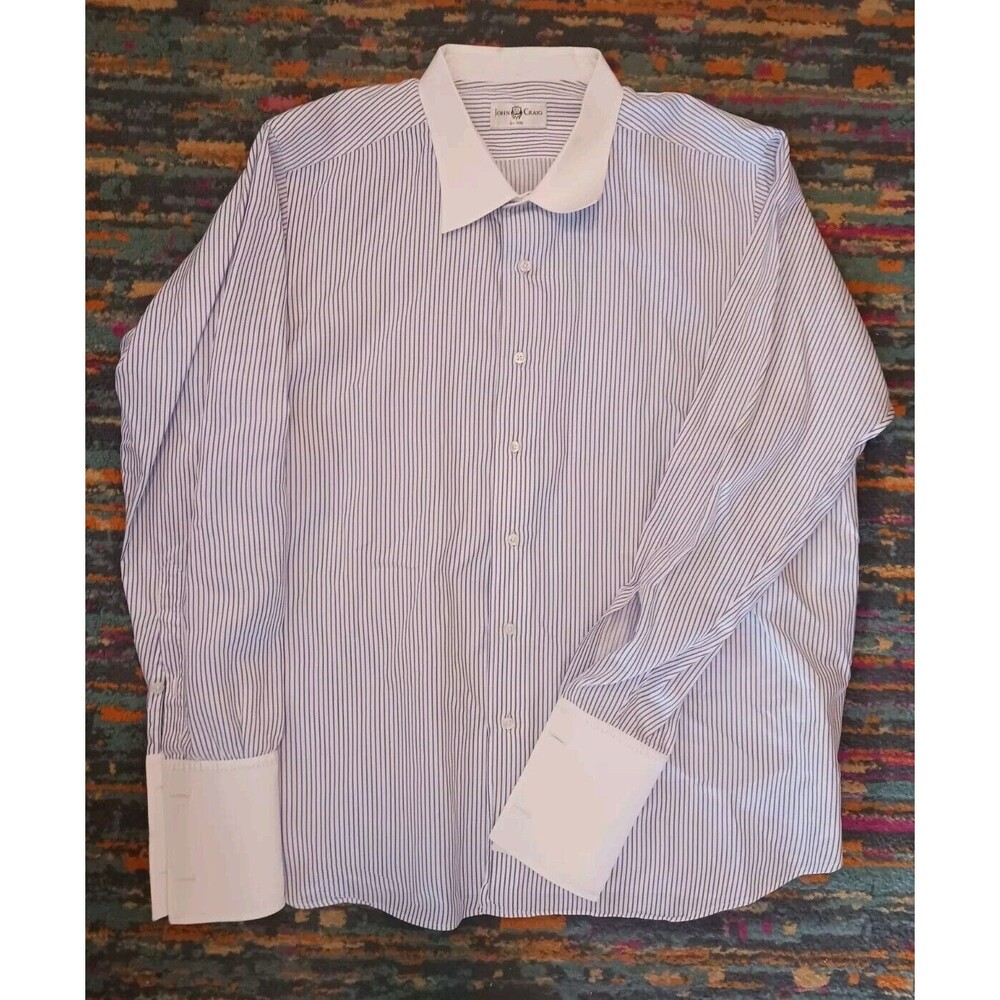 John Craig Dress Shirt Mens Large/ XL  LongSlv Blue White Pinstripe Designer USA
